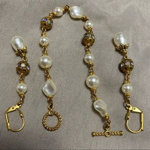 Gold, Pearl, Sparkle Matching Bracelet & Dangle Earrings
